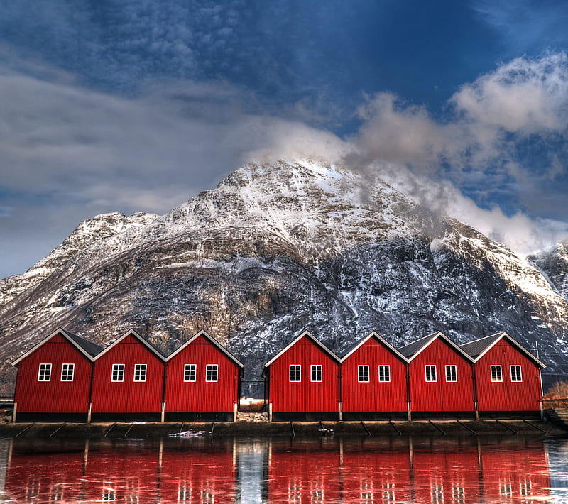 Boathouses in Norway, boathouse, clouds, r, mountain, nature, skie, snow, HD wallpaper