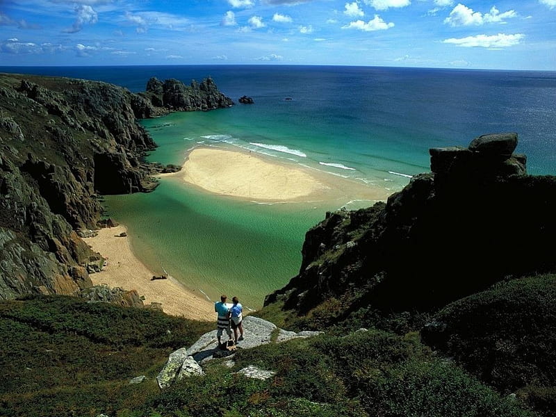 Cornwall Coastline, England, rocks, sand, water, cliffs, people, ocean, HD wallpaper