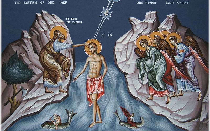 Baptism of Christ, rocks, Christ, John, river, angels, Jesus, HD wallpaper