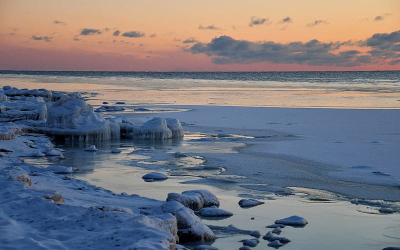 Winter Sea after Sunset, beach, ice, Latvia, sea, HD wallpaper