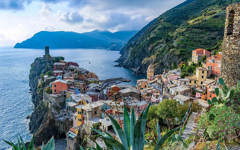 Vernazza, coast, resort, Mediterranean Sea, Italy, mountain landscape, Province of La Spezia, HD wallpaper