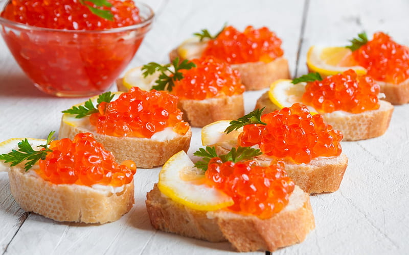 red caviar, seafood, caviar, white bread, HD wallpaper