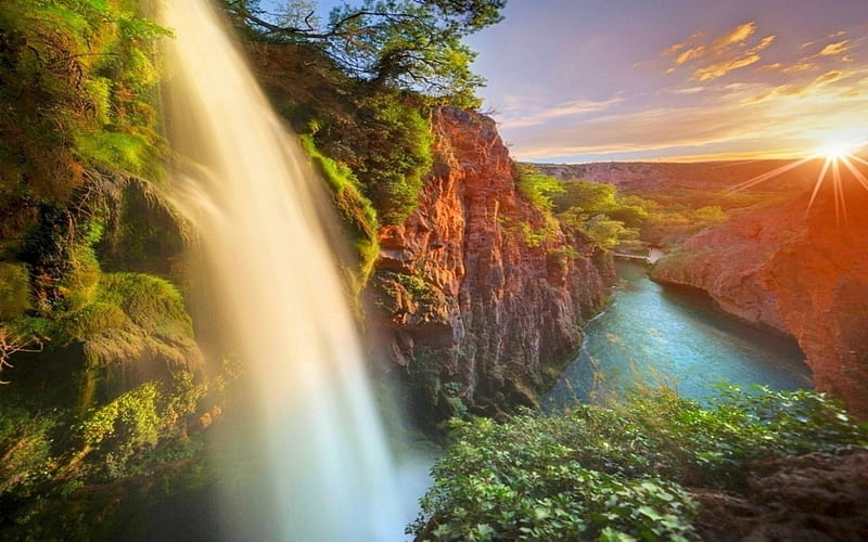 Waterfall At Sunrise, hills, river, bonito, sunrise, Spain, shrubs, canyon, waterfalls, HD wallpaper