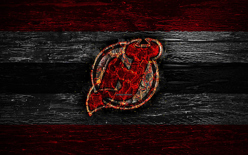 New Jersey Devils, fire logo, NHL, red and black lines, american hockey team, grunge, hockey, logo, New Jersey Devils emblem, Eastern Conference, wooden texture, USA, HD wallpaper