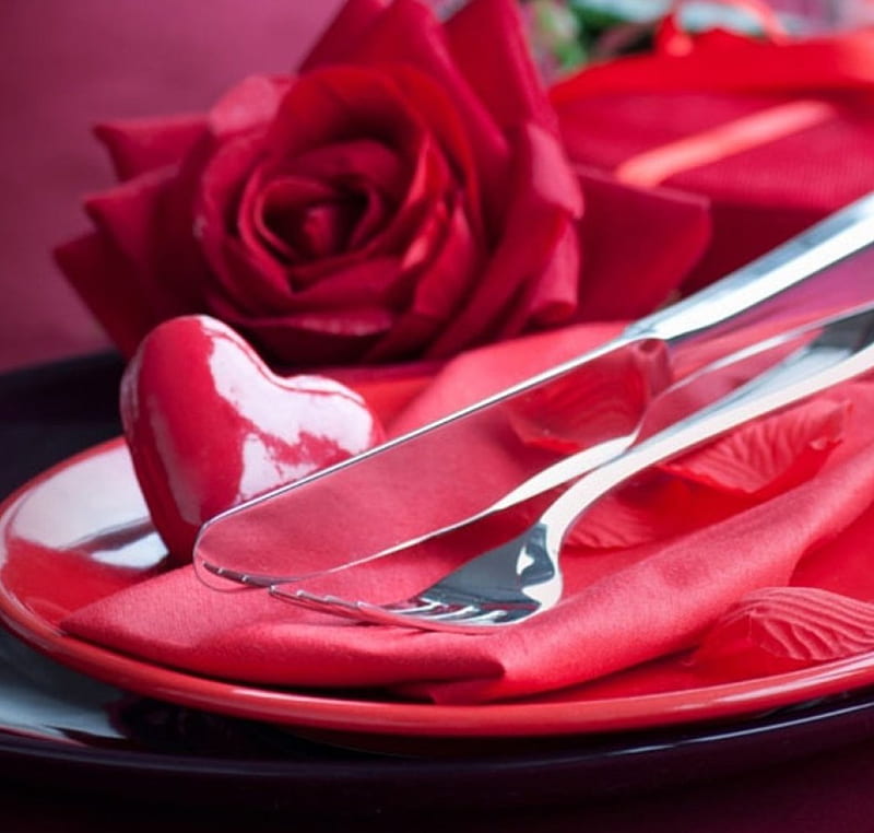herat, red, rose, cutlery, HD wallpaper