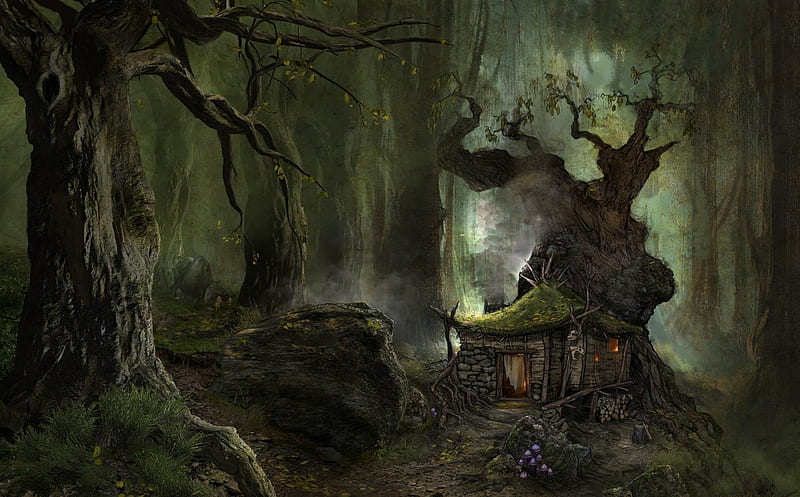 fantasy art works, stones, house, trees, mist, rocks, HD wallpaper