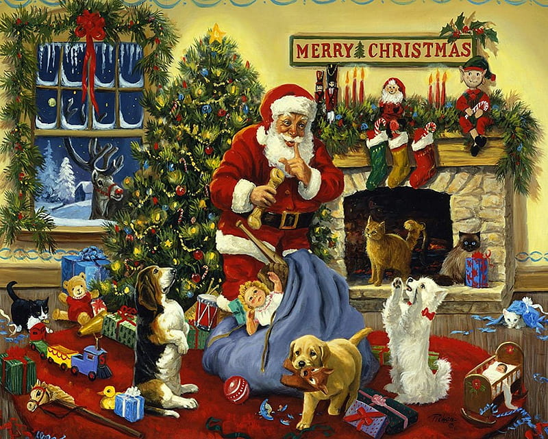 Santa's beggars, santa, tree, craciun, christmas, painting, caine, room, dog, pictura, HD wallpaper