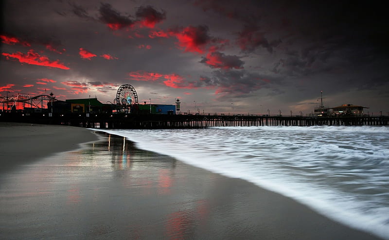Red Sky Ocean Fairground, red, oceans, fairgrounds, sky, clouds, sea, beaches, sunsets, nature, HD wallpaper