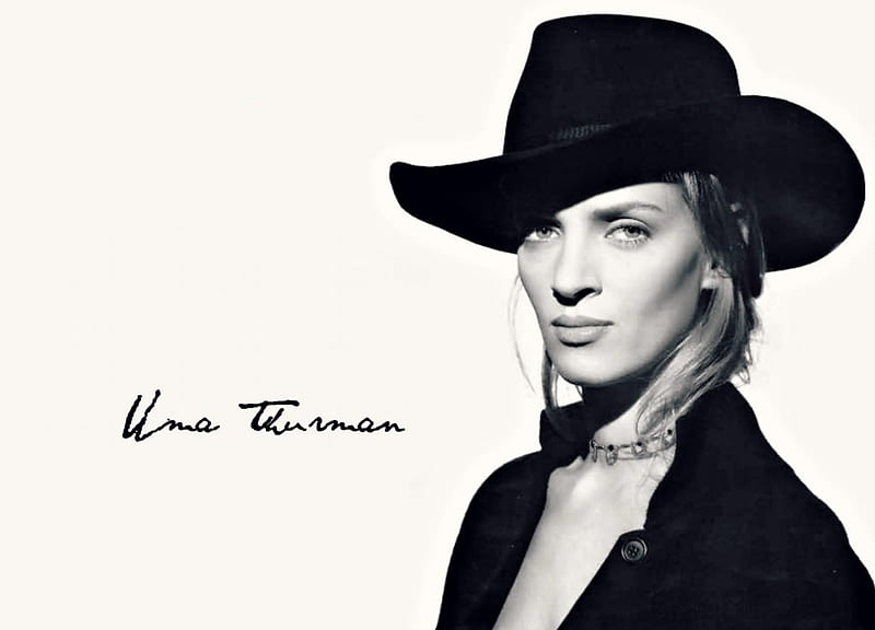 Uma Thurman, cowgirl, black, woman, hat, girl, bw, actress, white, HD wallpaper