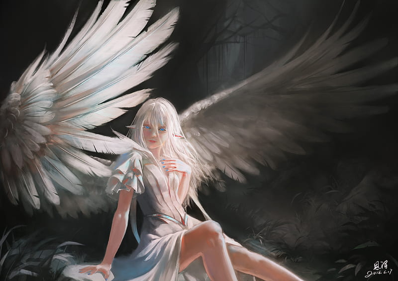 Angel, art, fantasy, wings, luminos, xiaobanbei milk, girl, white ...