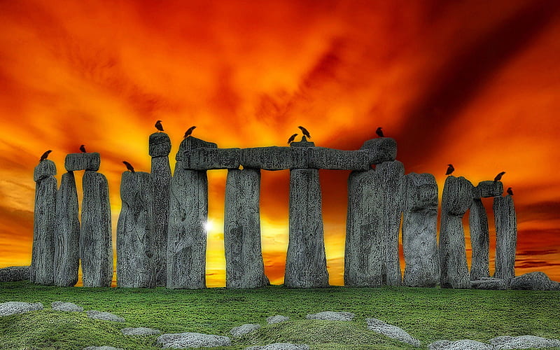 Stonehenge under Fiery Sky, architecture, monuments, ancient, united kingdom, HD wallpaper