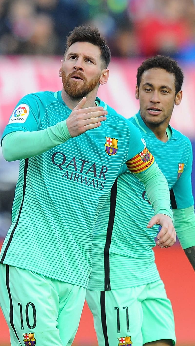 Messi And Neymar, Green Fcb Jersey, footballer, sports, HD phone wallpaper