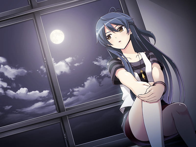 LOnely anime girl, cute, moon, lovely, cg, game, sweet, HD wallpaper