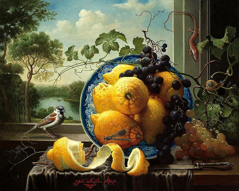 Still life, yana movchan, bird, painting, yellow, blue, lemon, art, fruit, pictura, HD wallpaper