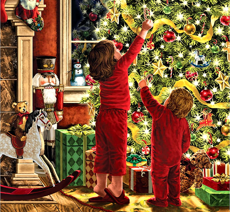 Children Decorating the Christmas Tree FC, Christmas, art, holiday, December, children, bonito, illustration, artwork, tree, decorating, painting, wide screen, occasion, scenery, HD wallpaper