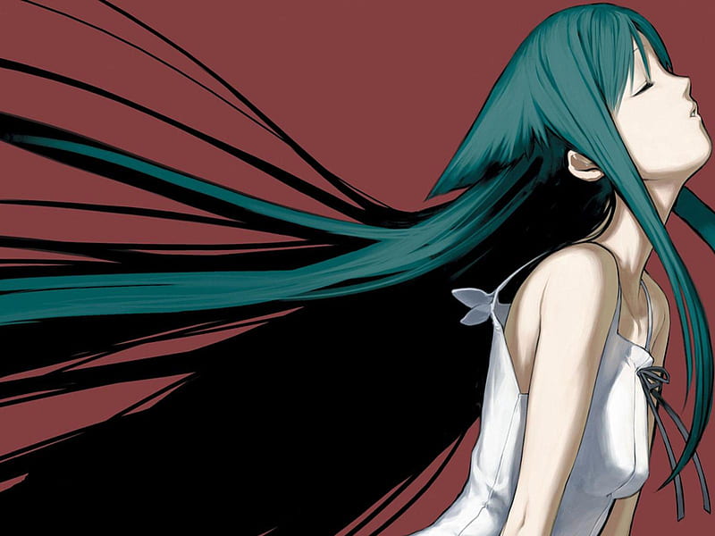 take a deep breath, pale, closed eyes, breath, camisole, girl, anime, red background, green hair, long hair, HD wallpaper