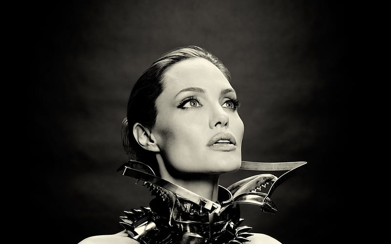 Angelina Jolie, american actress, portrait, monochrome, beautiful woman, HD wallpaper