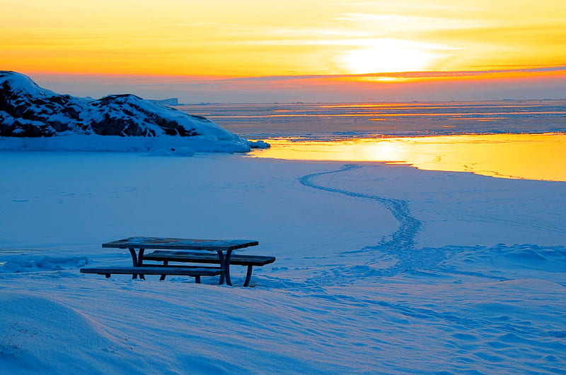 WINTER EVENING, table, snow, ocean, bench, sunset, Greenland, sea, HD wallpaper