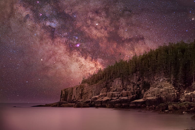 Milky Way Over Otter Cliffs , milky-way, nature, stars, sky, trees, rocks, sea, dreamy, HD wallpaper