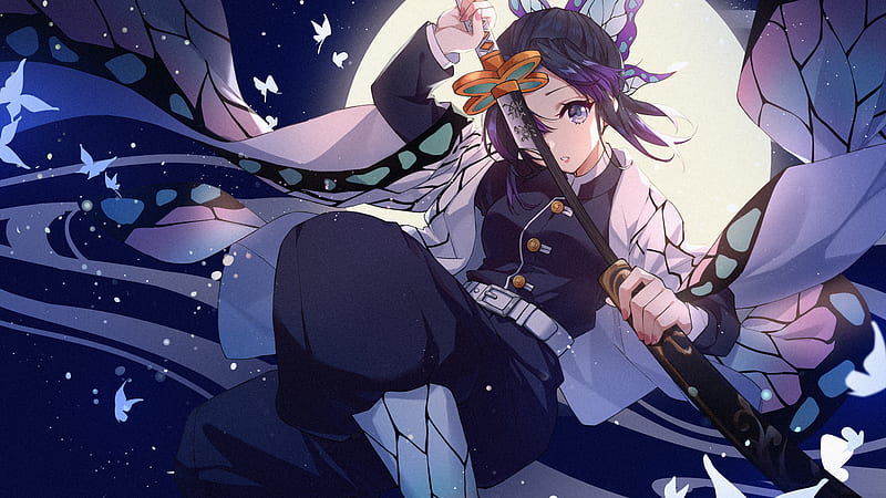 Demon Slayer Shinobu Kochou With Sword With Background Of Dark Sky Moon And Butterflies Anime, HD wallpaper