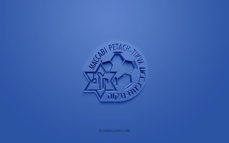 Maccabi Petah Tikva FC, creative 3D logo, blue background, 3d emblem, Israeli football club, Israeli Premier League, Petah Tikva, Israel, 3d art, football, Maccabi Petah Tikva 3d logo, HD wallpaper