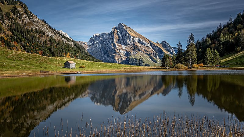 Mount Altmann, Grappelen Lake, Switzerland, clouds, trees, sky, mountains, alps, rocks, water, reflections, landscape, HD wallpaper