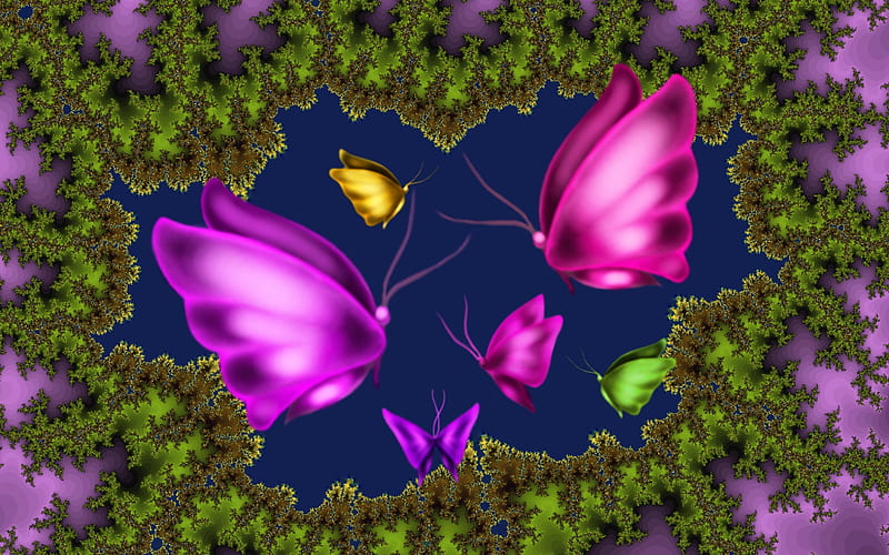 Butterfly Club, cg, yellow, lavender, digital paint, club, fantasy, gold, butterfly, green, fucshia, fractal, color, pink, colored pencil, paint, colors, butterflies, purple, digital, HD wallpaper