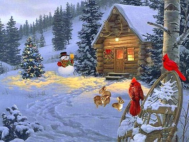 Christmas spirit, red cardinals, nature, bonito, spirits, winter, HD wallpaper