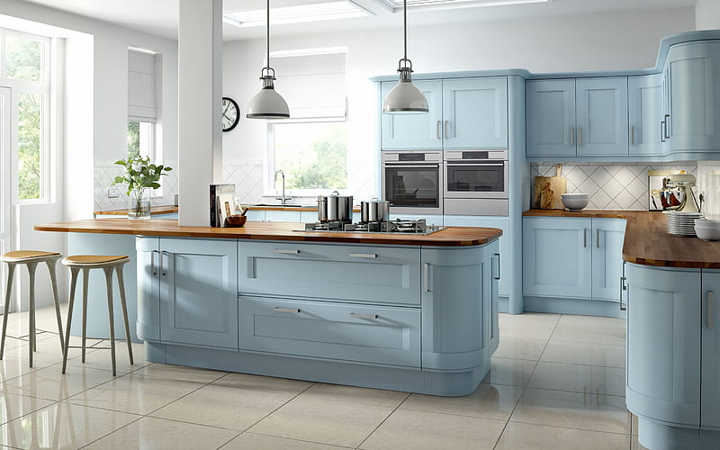 blue classic kitchen furniture, modern interior design, stylish kitchen design, classic style, modern classic style kitchen, HD wallpaper