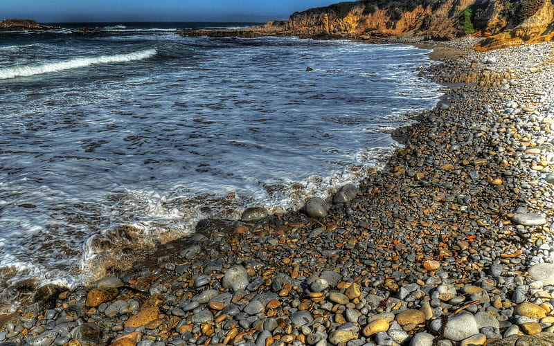 fantastic stone covered beach, beach, stones, cliff, waves, sea, HD wallpaper fantastic stone covered beach, beach, stones, cliff, waves, sea, HD wallpaper