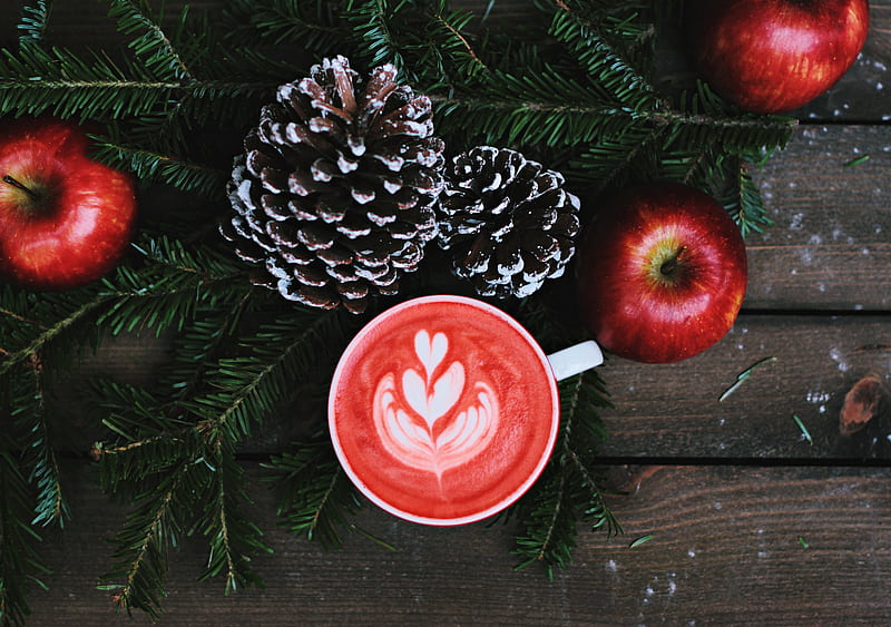 red coffee latte on white ceramic mug, HD wallpaper