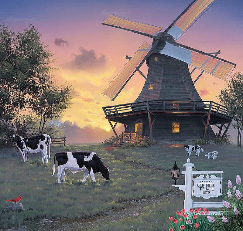 Old Mill Trace, windmill, bird, painting, flowers, sunset, cows, artwork, HD wallpaper