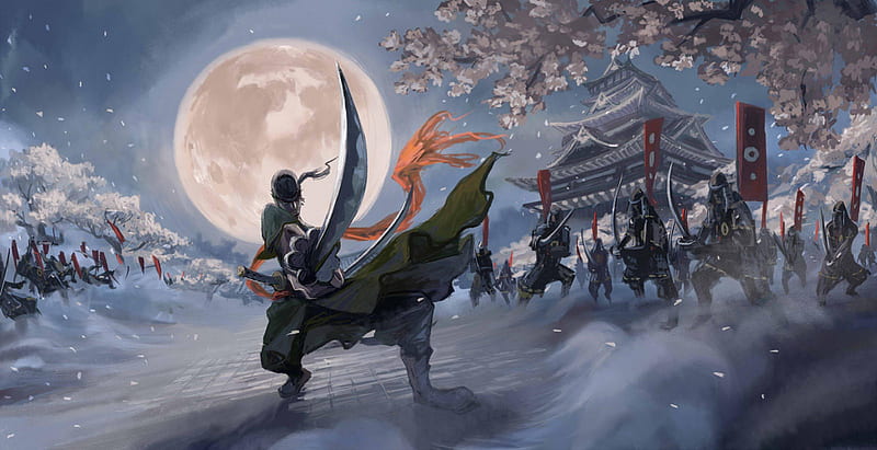 Roronoa Zoro, swords, zoro roronoa, soldiers, one piece, swordsman, moon, warrior, samurai, zoro, blade, anime, katana, HD wallpaper