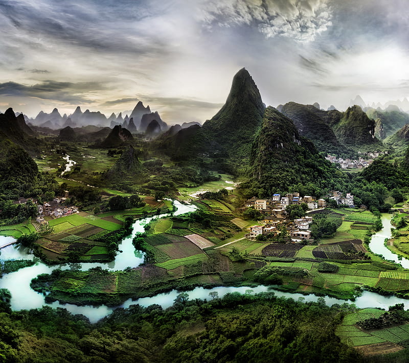 River Nature, asian, chinese, mountain, river, town, HD wallpaper