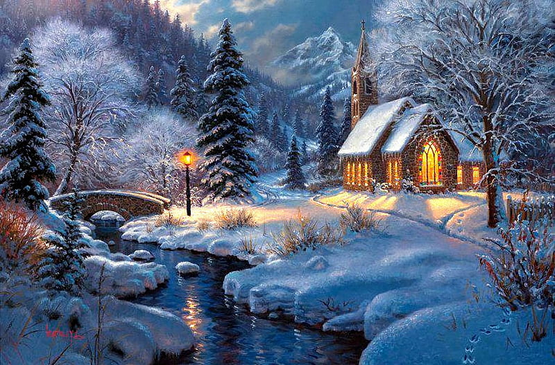 Midnight Clear, snow, bridge, woods, church, trees, winter, HD wallpaper