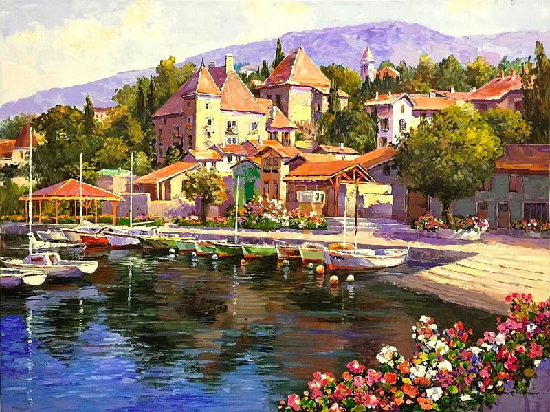 Savoi, Spain, art, view, houses, bonito, que, Spain, lake, boats, village, painting, harbor, HD wallpaper