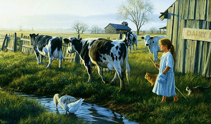 The Best Time of Day, girl, painting, goose, cats, artwork, cows, meadow, barn, HD wallpaper
