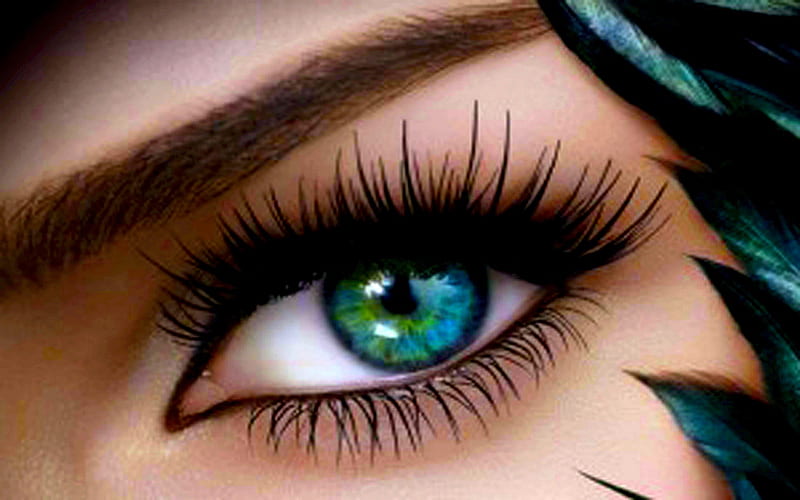 EYE of the BEHOLDER, girl, eye, feather, makeup, brow, cornea, face, lashes, HD wallpaper