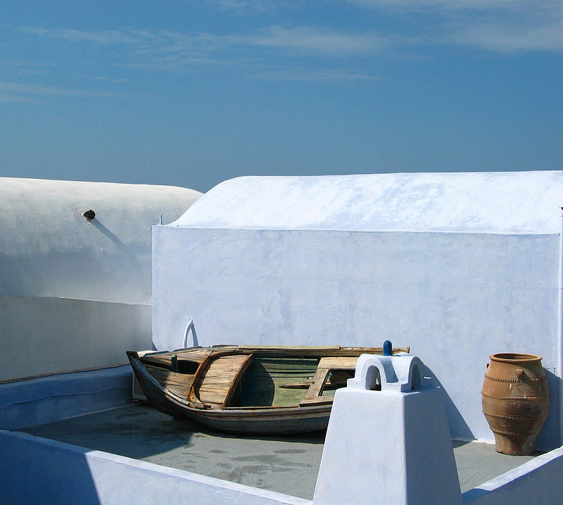 Santorini, boat, greek, island, summer, HD wallpaper