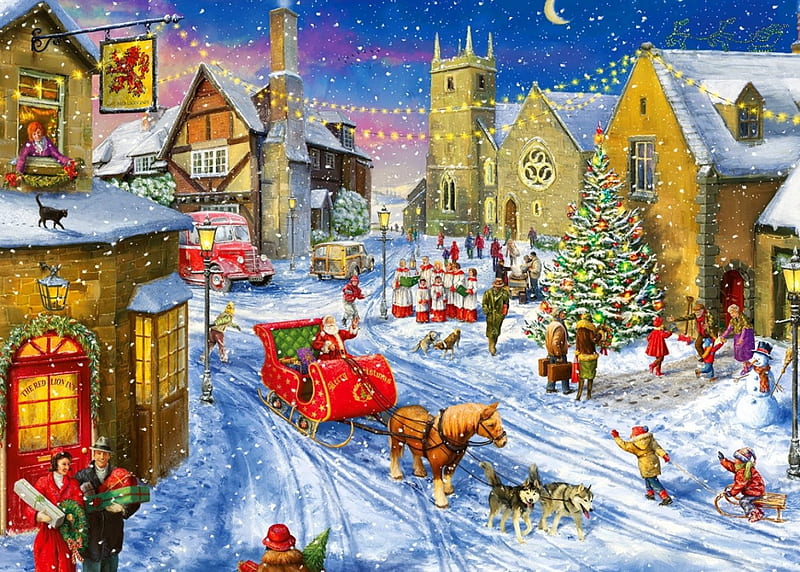 Santa's coming, sleigh, art, christmas, town, lights, winter, santa, snow, snowflakes, snowfall, village, street, HD wallpaper