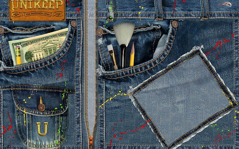 jeans, dollar, pencil, brush, texture, HD wallpaper