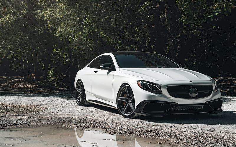 Mercedes-Benz S63 AMG, 2018, white luxury coupe, black wheels, tuning S63, German cars, Mercedes, HD wallpaper