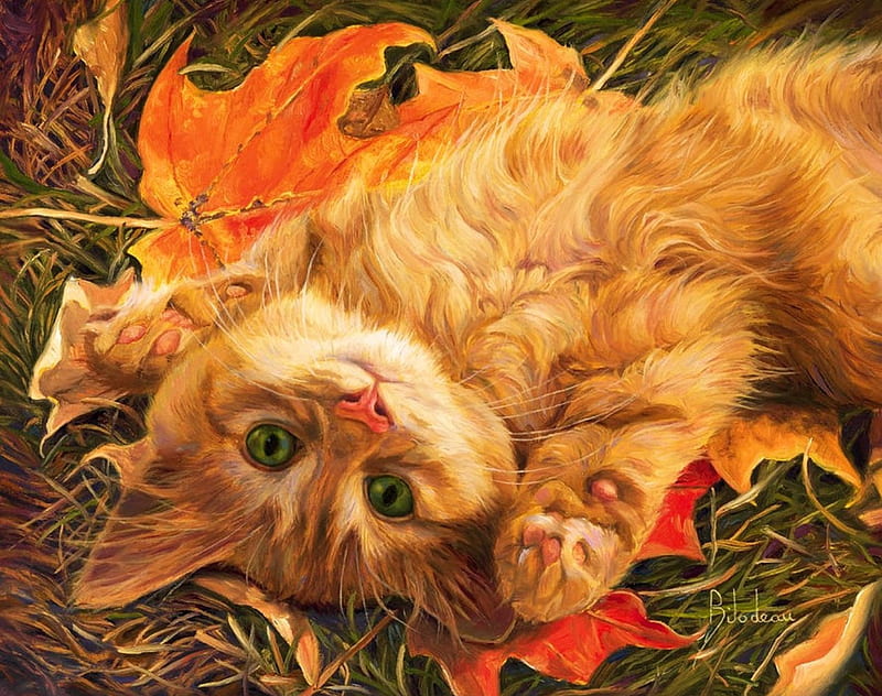 Kitty Posing, autumn, leaves, painting, cat, artwork, HD wallpaper | Peakpx