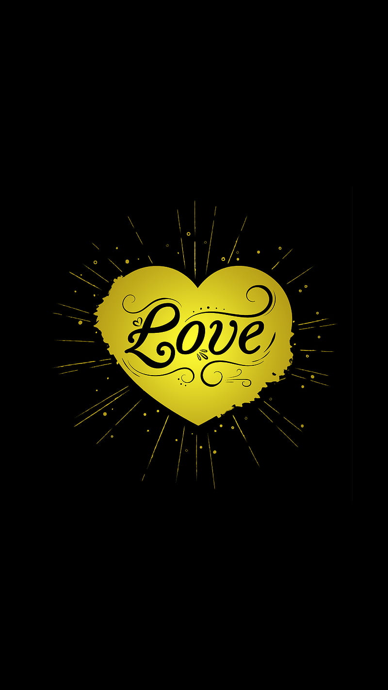 heart, love, inscription, vector, rays, black, yellow, HD phone wallpaper