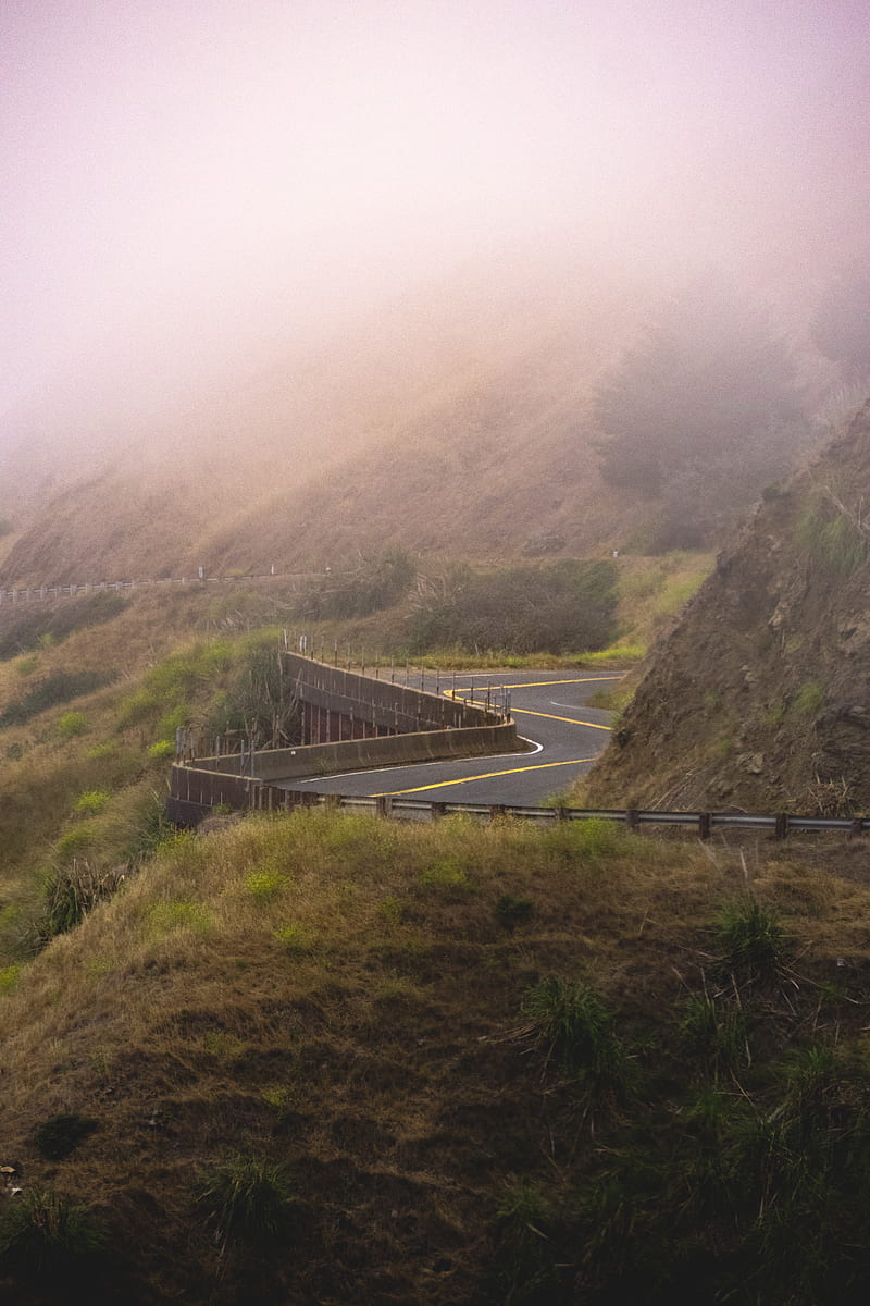 road, hills, fog, nature, morning, HD phone wallpaper