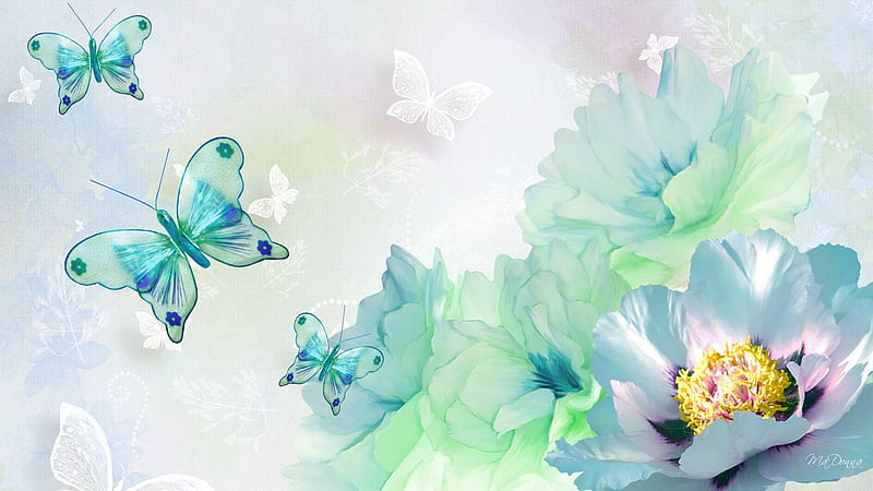 Butterflies and Flowers, summer, aqua, flowers, shadows, firefox persona, butterflies, blue, HD wallpaper