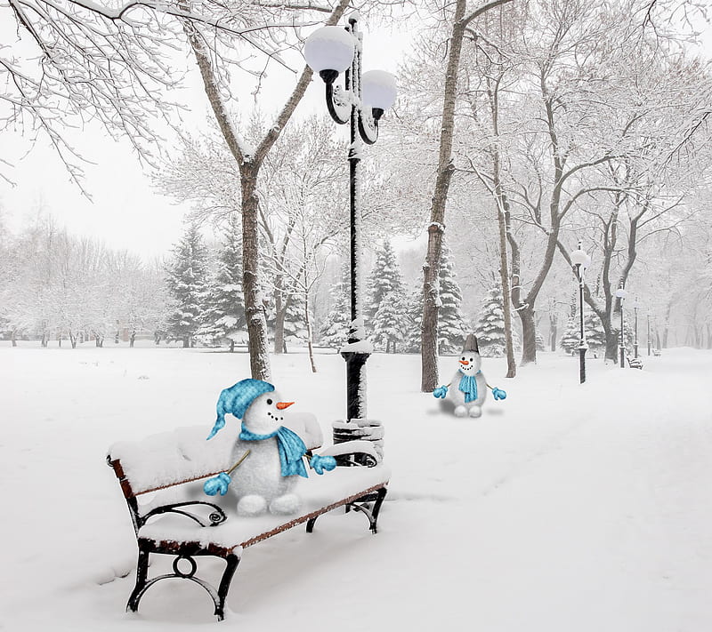 Snowmen, nature lights, snow, winter, HD wallpaper