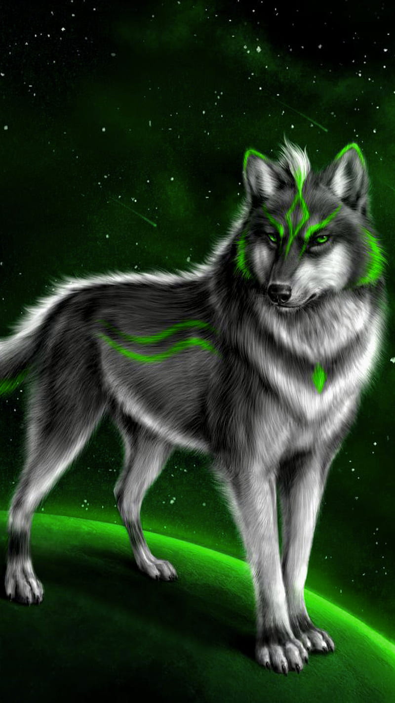 Fantasy wolf, animal, green, space, stars, HD phone wallpaper