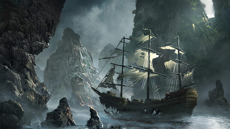 After The Wreckage, Sail, Ship, Rock, Fantasy, dark, Damage, Wreck, Sea, gris, Surreal, HD wallpaper