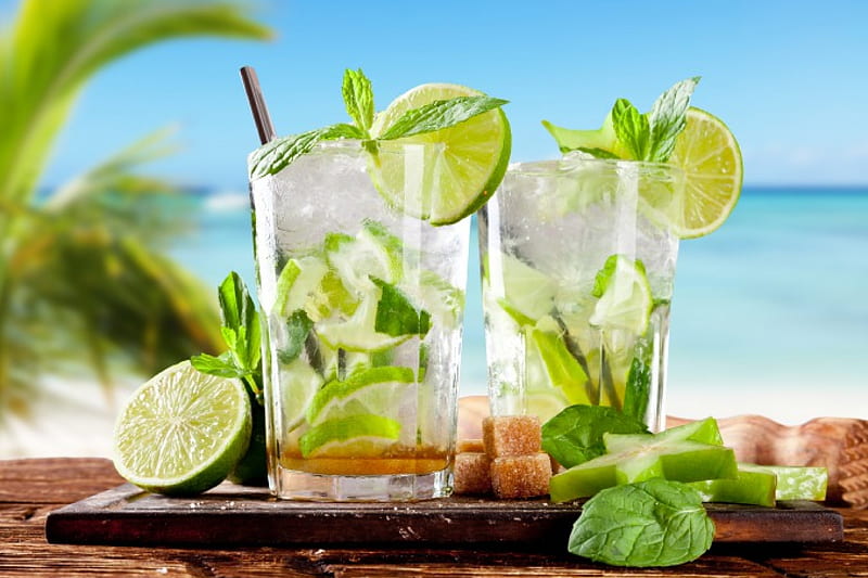 Tropical Cocktails, beach, cocktail, fresh, drink, tropical, lime, mojito, HD wallpaper